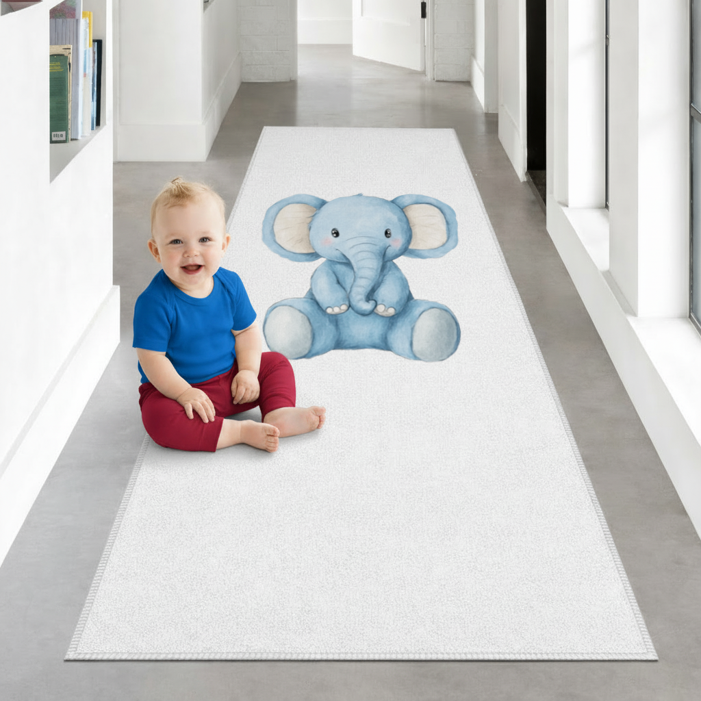 Mavi Suluboya Bebek Fil Antre ve Koridor Halısı