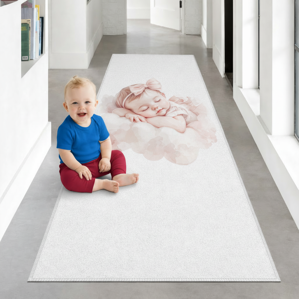 Pembe Kurdeleli Uyuyan Kız Bebek Antre ve Koridor Halısı