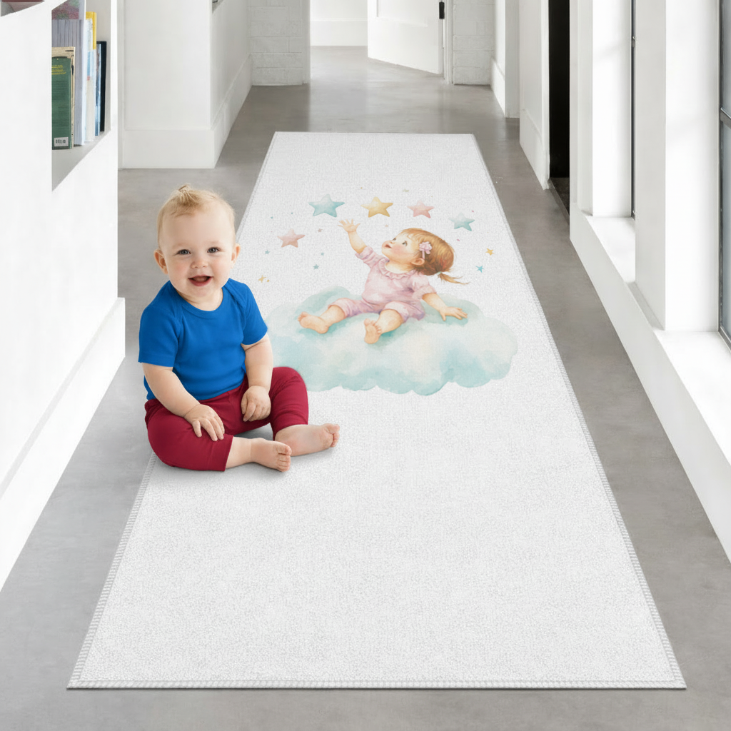 Baby Girl Reaching for Stars on a Cloud Hallway & Entryway Rug