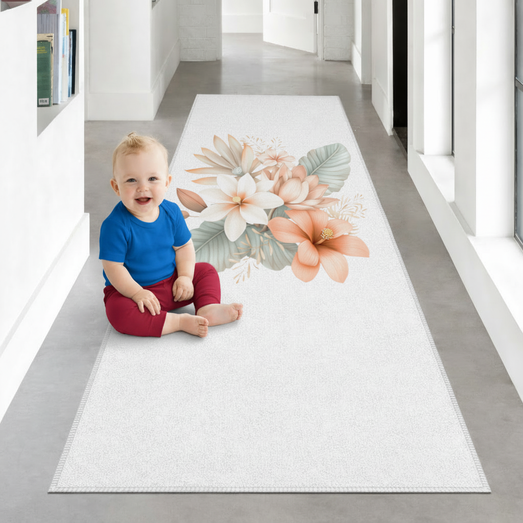 Şeftali Tonlu Tropikal Çiçek Buketi Antre ve Koridor Halısı