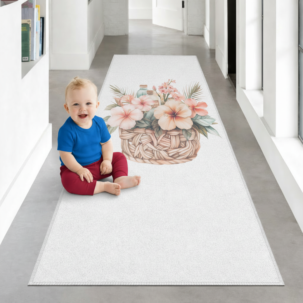 Tropical Hibiscus Flower Woven Basket Hallway & Entryway Rug