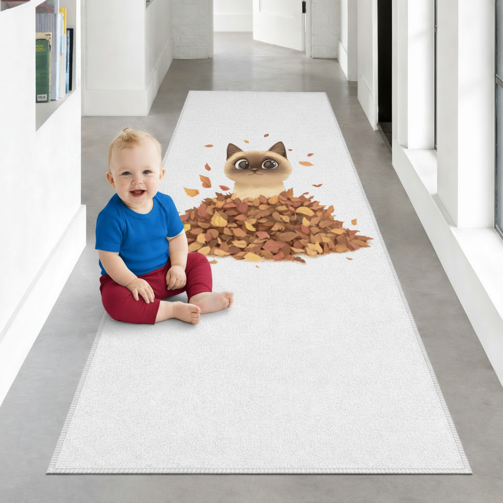 Siamese Cat in Autumn Leaf Pile Hallway & Entryway Rug