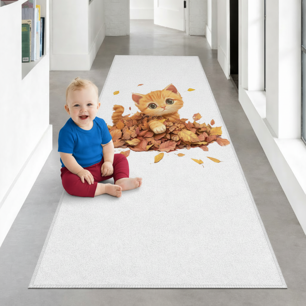 Ginger Kitten in Autumn Leaves Hallway & Entryway Rug