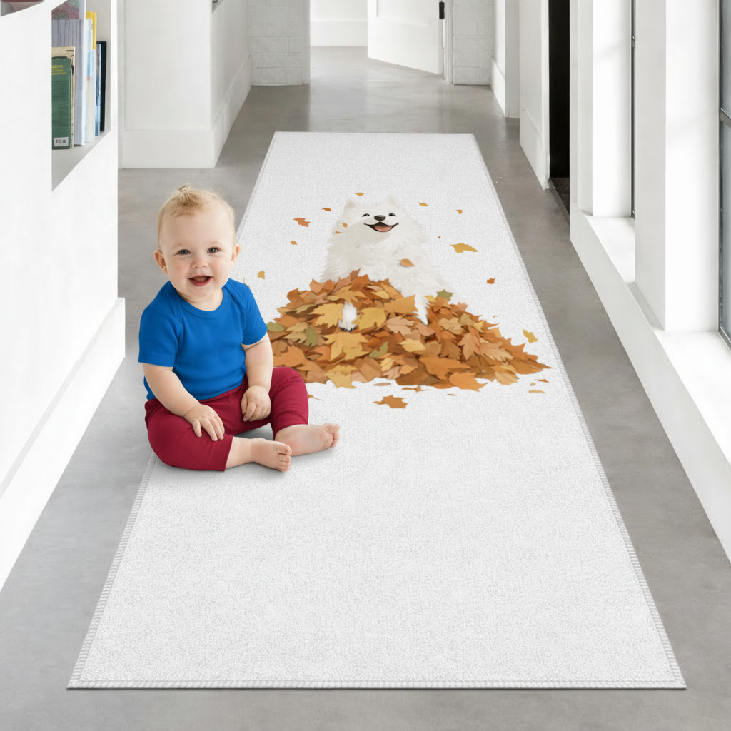 Happy White Dog in Autumn Leaves Hallway & Entryway Rug