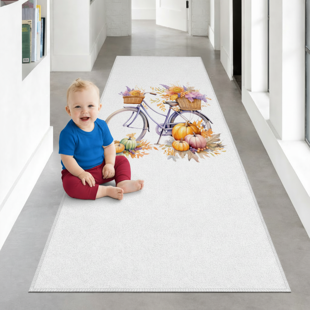 Lavender Autumn Bicycle with Pumpkins Hallway & Entryway Rug