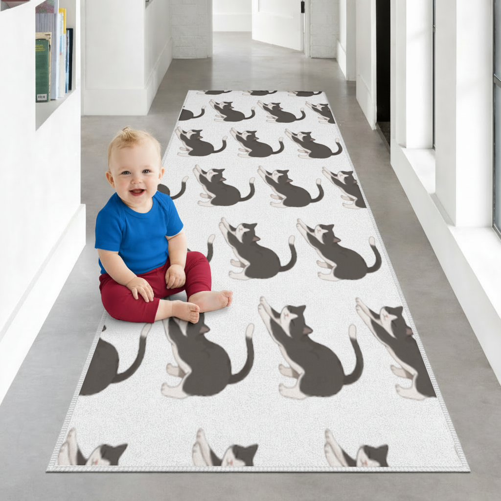 Stretching Tuxedo Cat Hallway & Entryway Rug