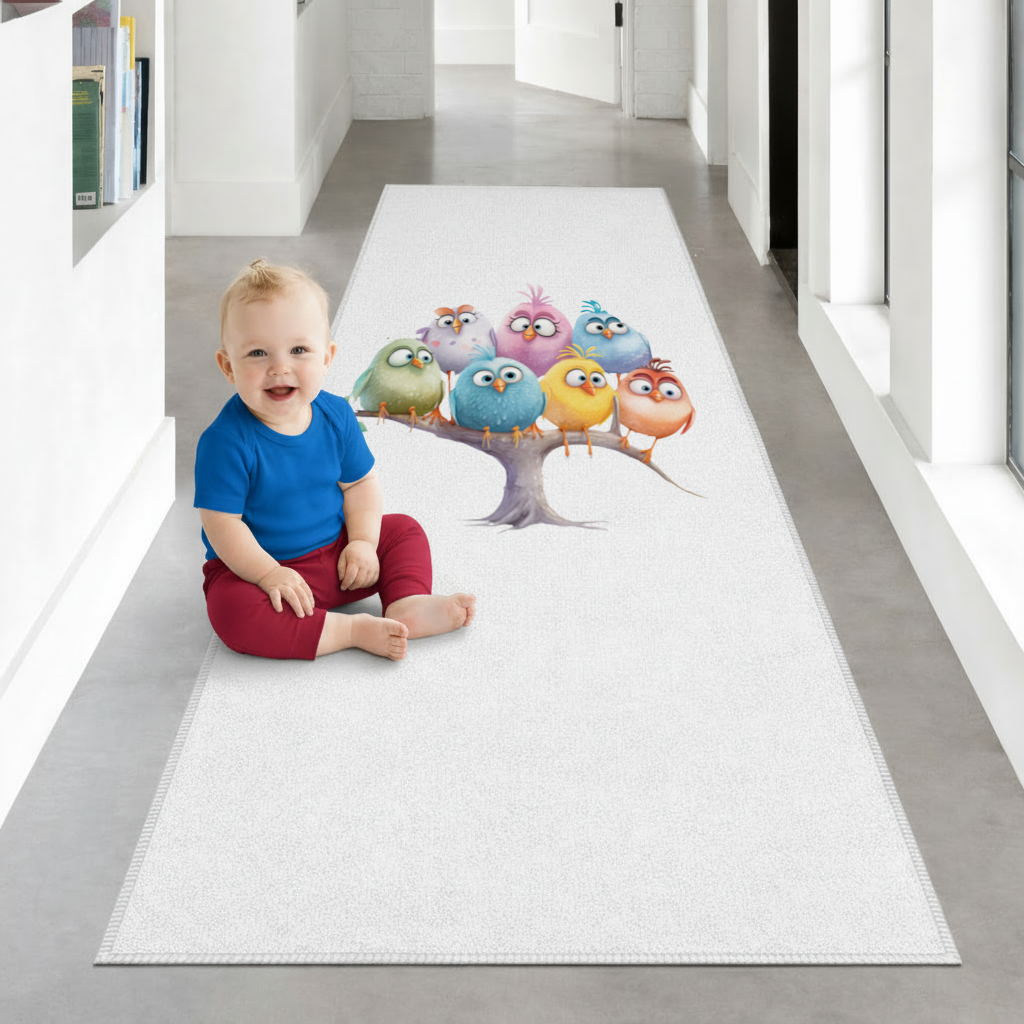 Whimsical Colorful Birds on Branch Hallway & Entryway Rug