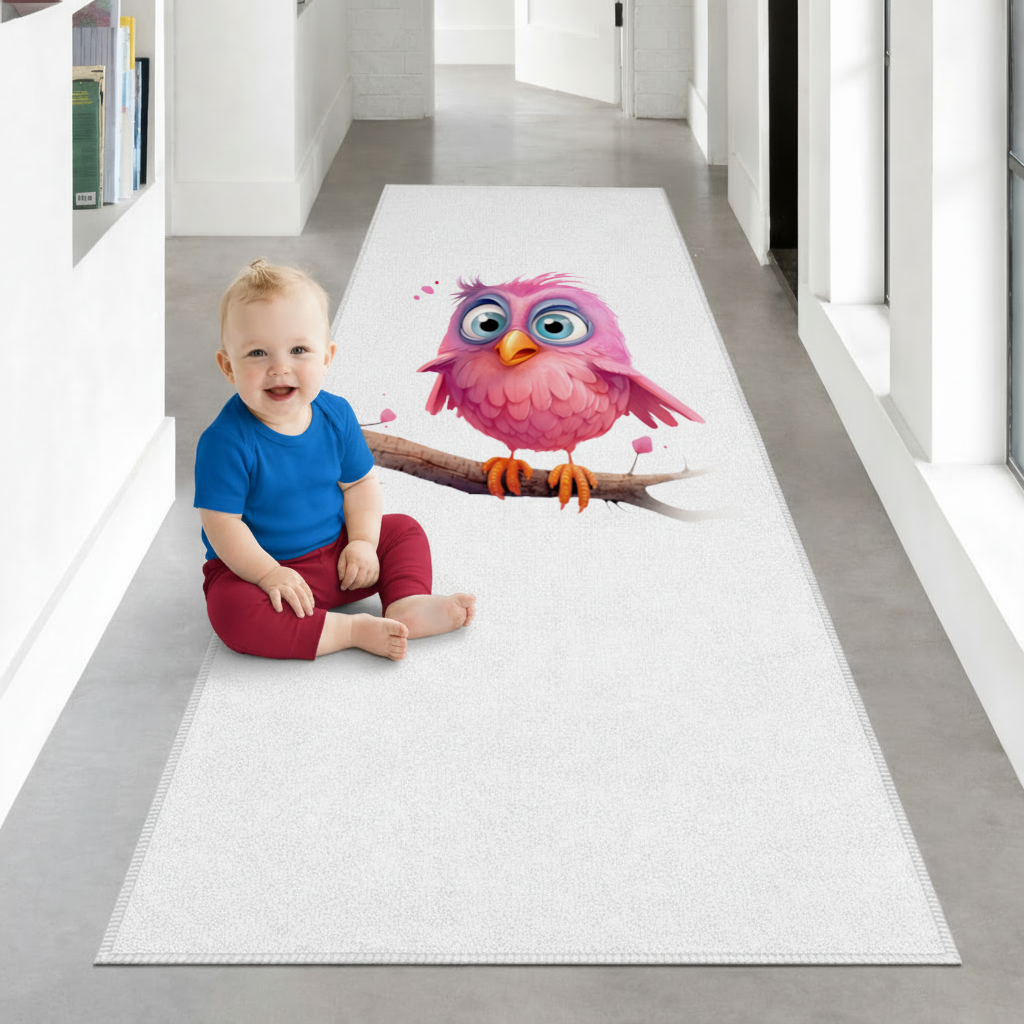 Cute Pink Bird with Large Blue Eyes Hallway & Entryway Rug