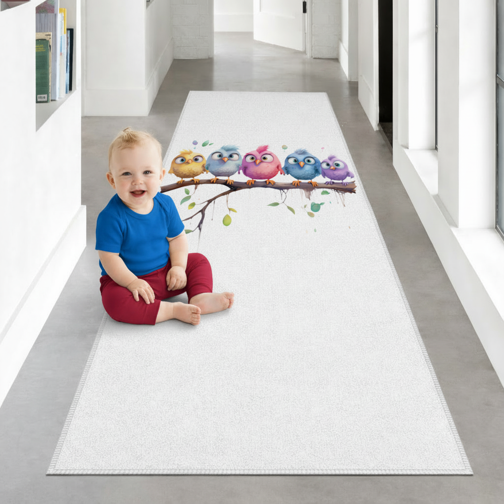 Five Colorful Kawaii Birds on Branch 