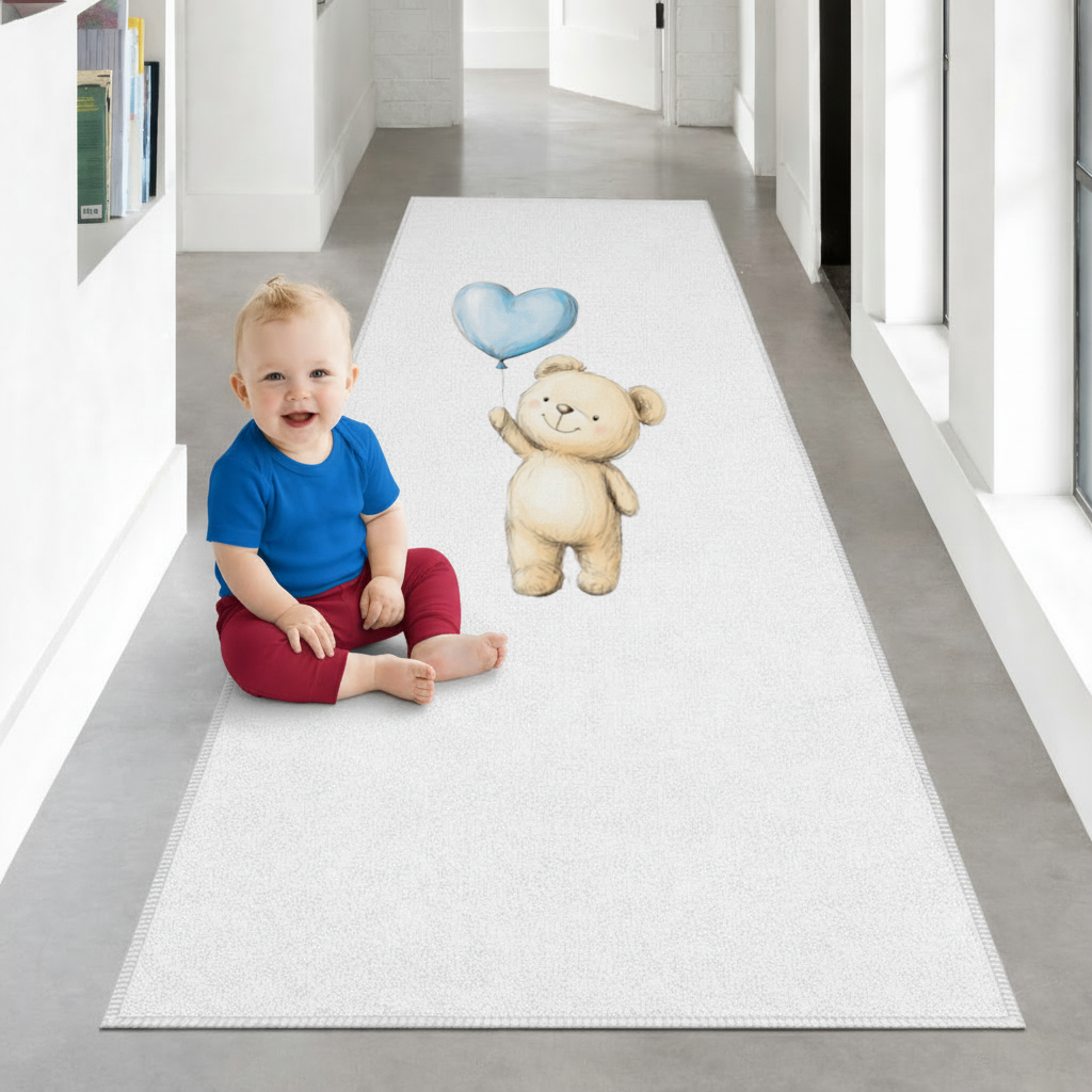 Cute Teddy Bear with Blue Heart Balloon Hallway & Entryway Rug