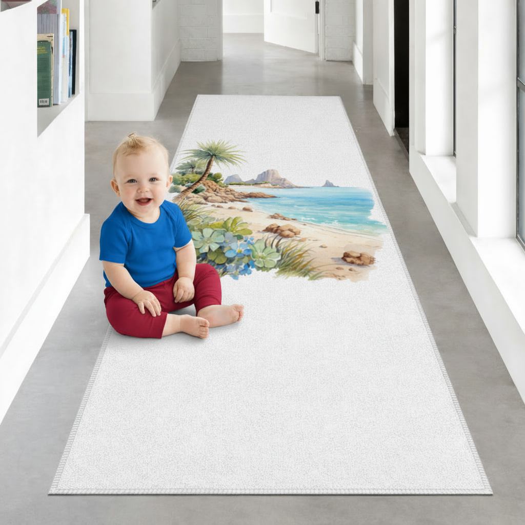 Tropical Palm Tree and Turquoise Sea Hallway & Entryway Rug