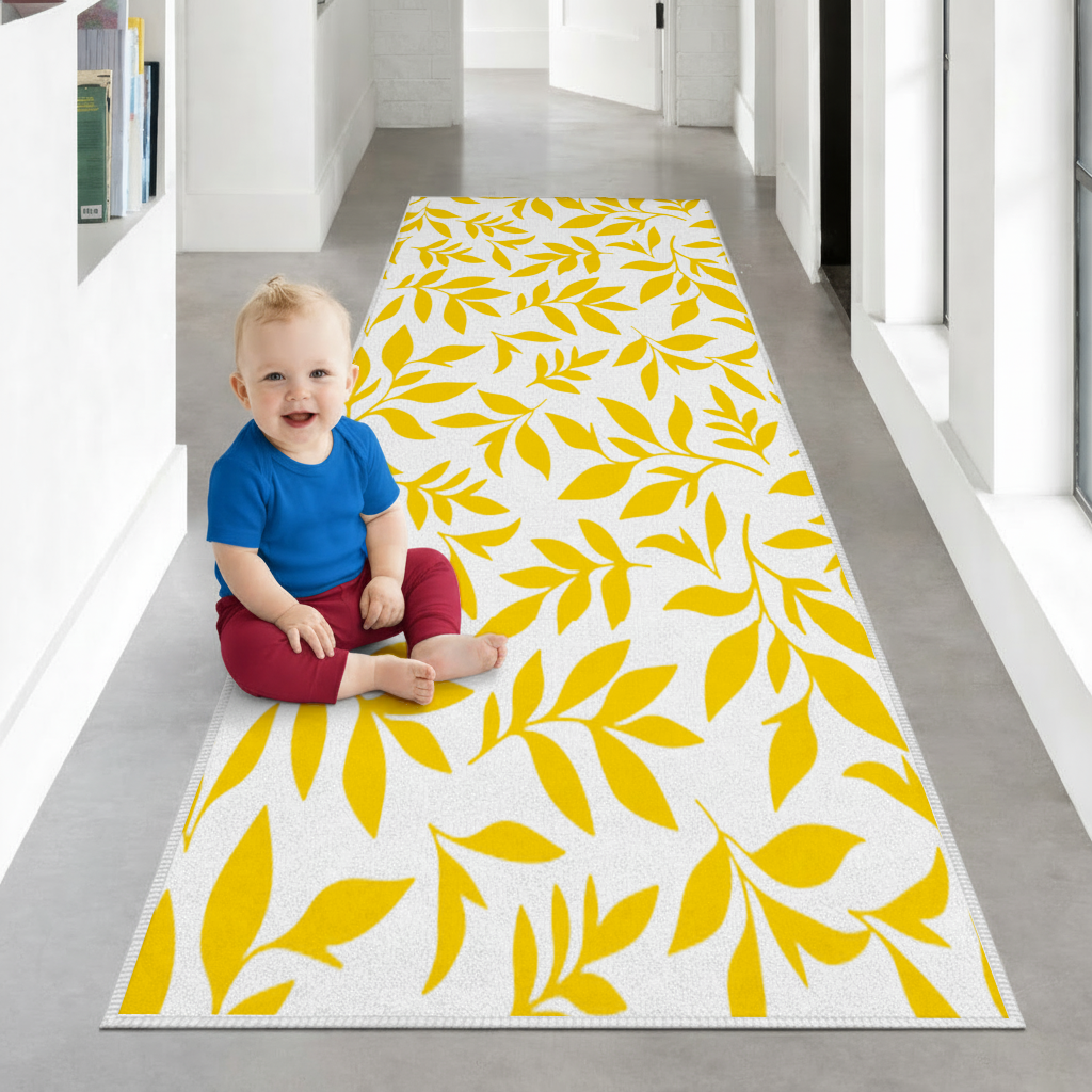 Mustard Yellow Botanical Leaves Hallway & Entryway Rug