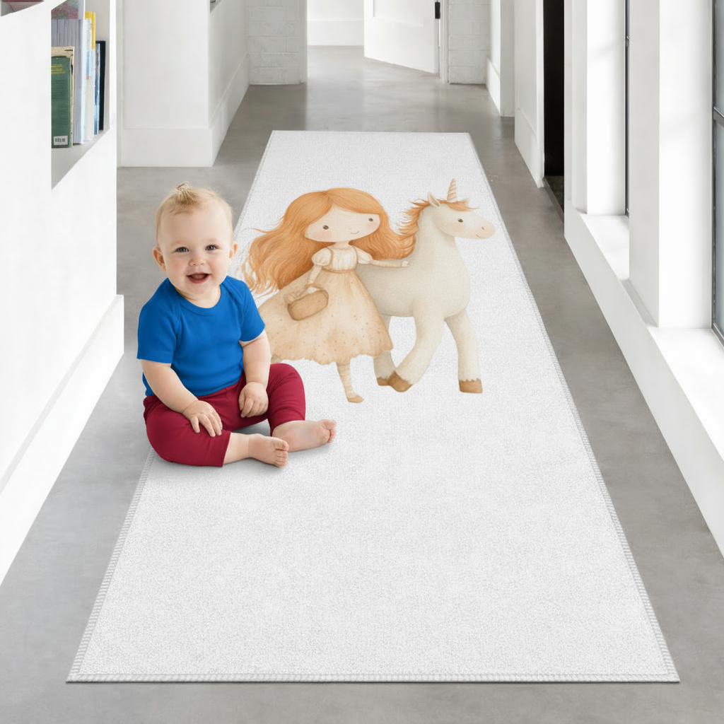 Ginger Girl with Whimsical White Unicorn Hallway & Entryway Rug