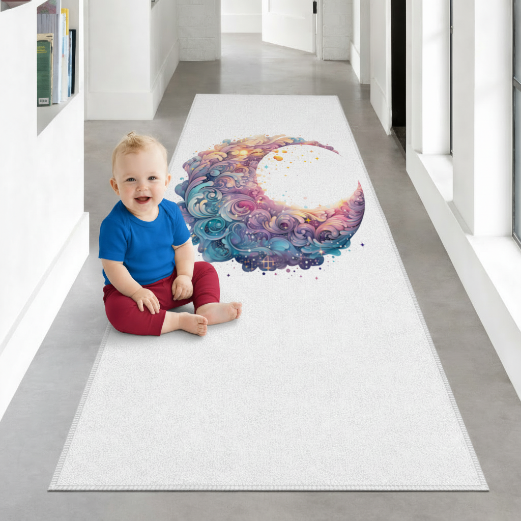 Colorful Swirled Celestial Moon Hallway & Entryway Rug