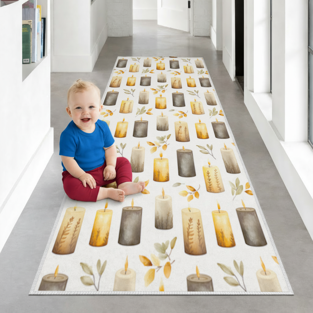 Warm Neutral Autumn Candles and Leaves Hallway & Entryway Rug