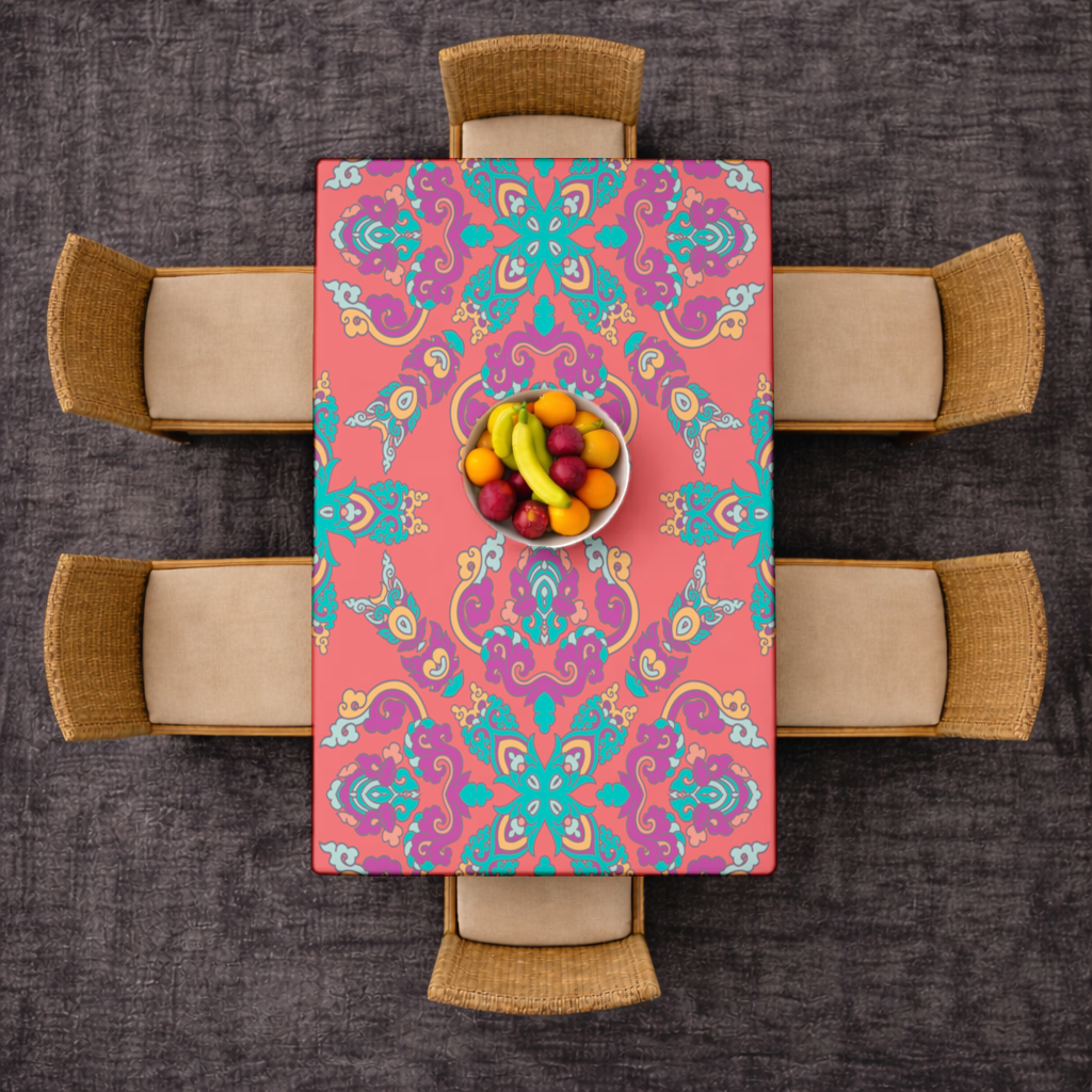 Canlı Kırmızı Zeminli Oryantal Mandala Deseni Masa Örtüsü