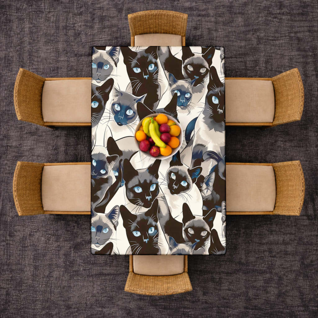 Blue Eyed Siamese Cat Elegant Illustration Pattern Rectangular Tablecloth