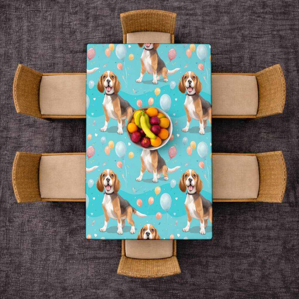 Sevimli Beagle Köpek ve Renkli Balonlar Desenli Tasarım Masa Örtüsü