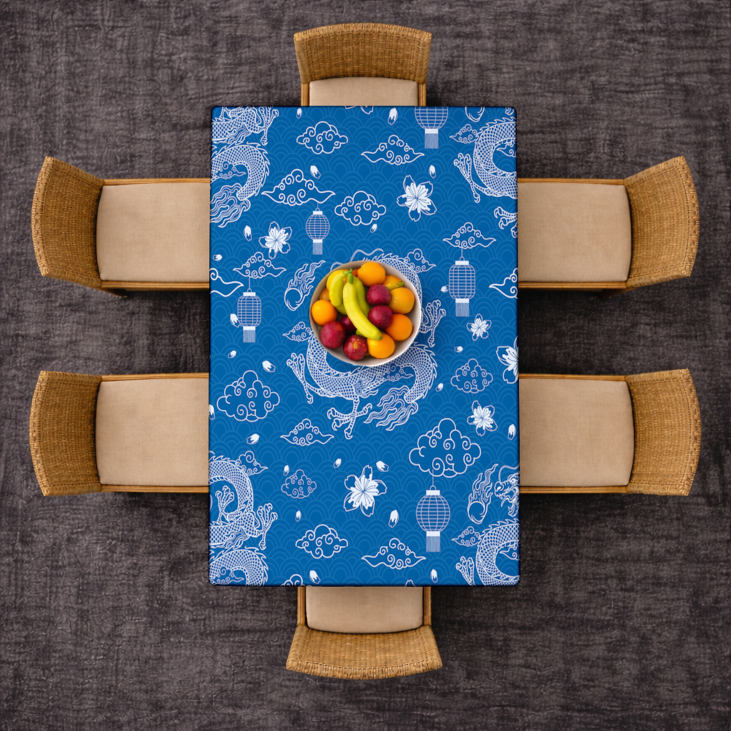 Traditional Dragon Pattern on Blue Background Rectangular Tablecloth