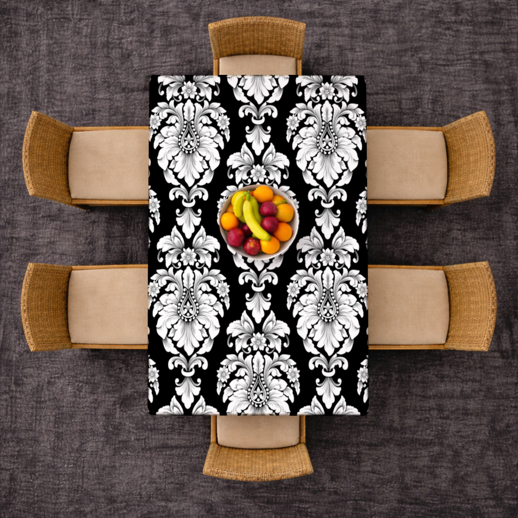 Black and White Baroque Floral Pattern Rectangular Tablecloth