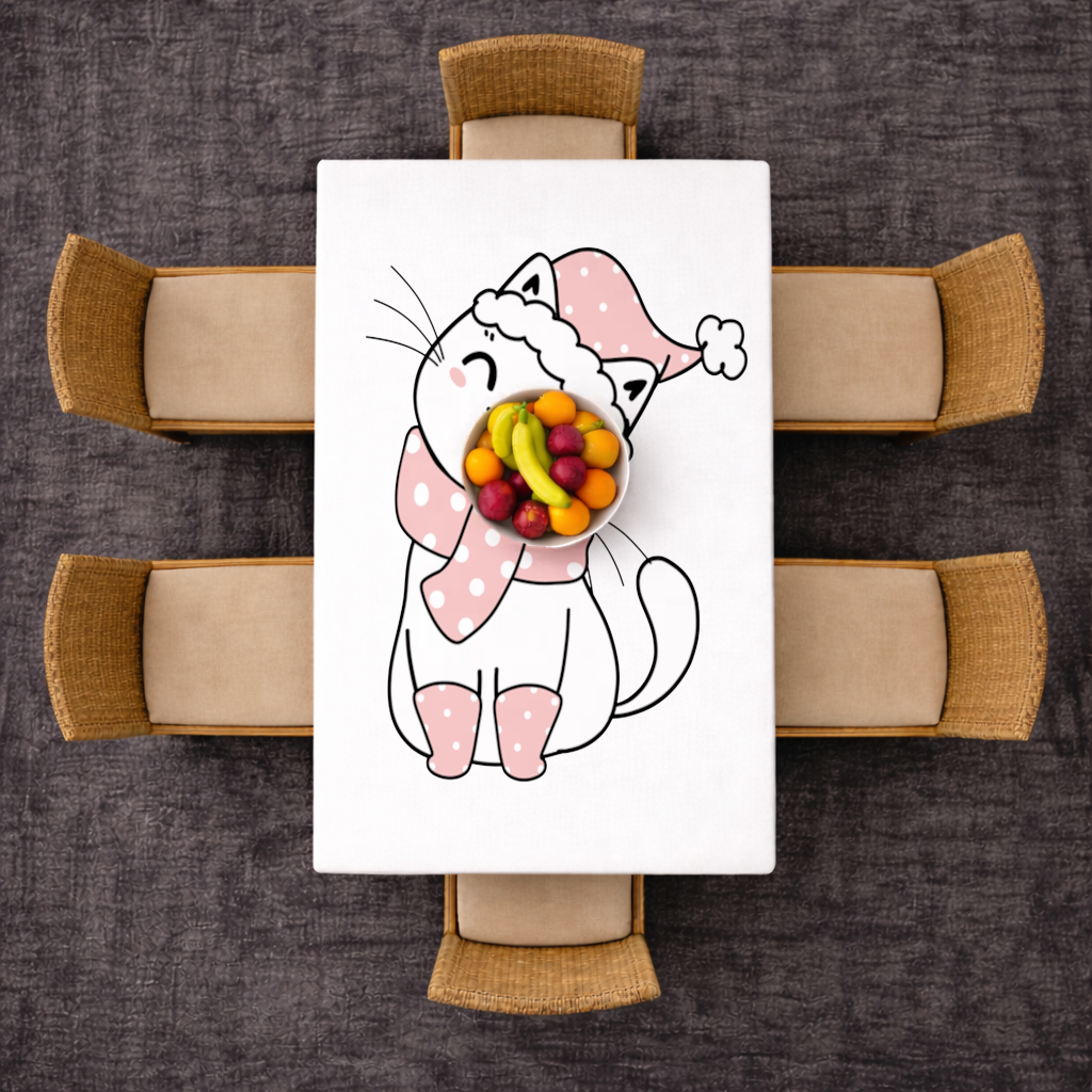 Cute Christmas Cat with Pink Polka Dot Outfit Rectangular Tablecloth