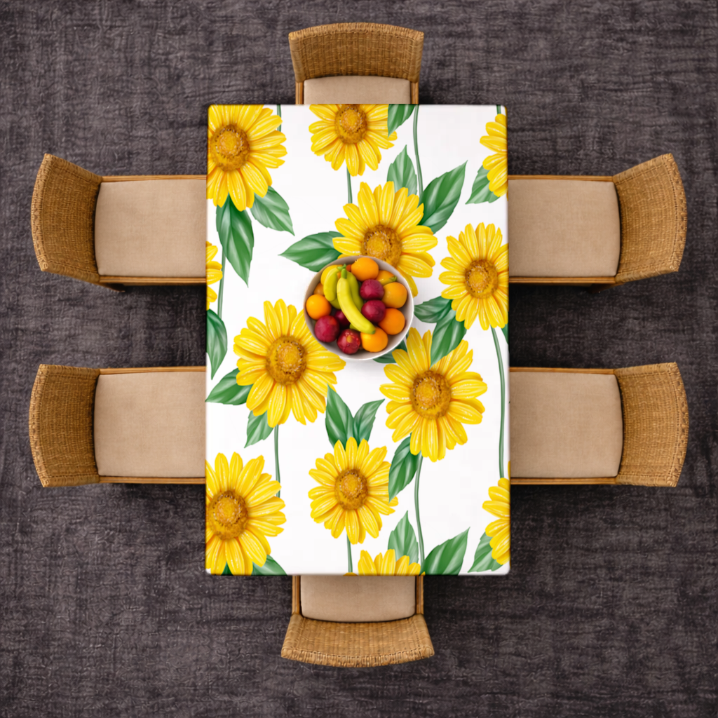 Canlı Sarı Ayçiçeği ve Yeşil Yaprak Desenli İllüstrasyon Masa Örtüsü