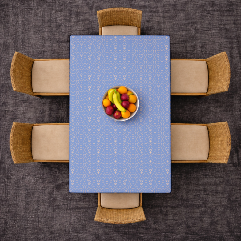 Orange Linear Floral Pattern on Blue Rectangular Tablecloth