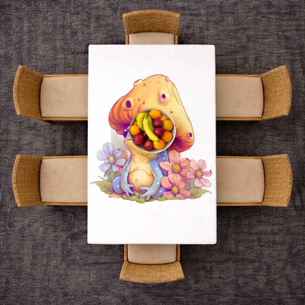 Blue Frog Resting Under Orange Mushroom Rectangular Tablecloth