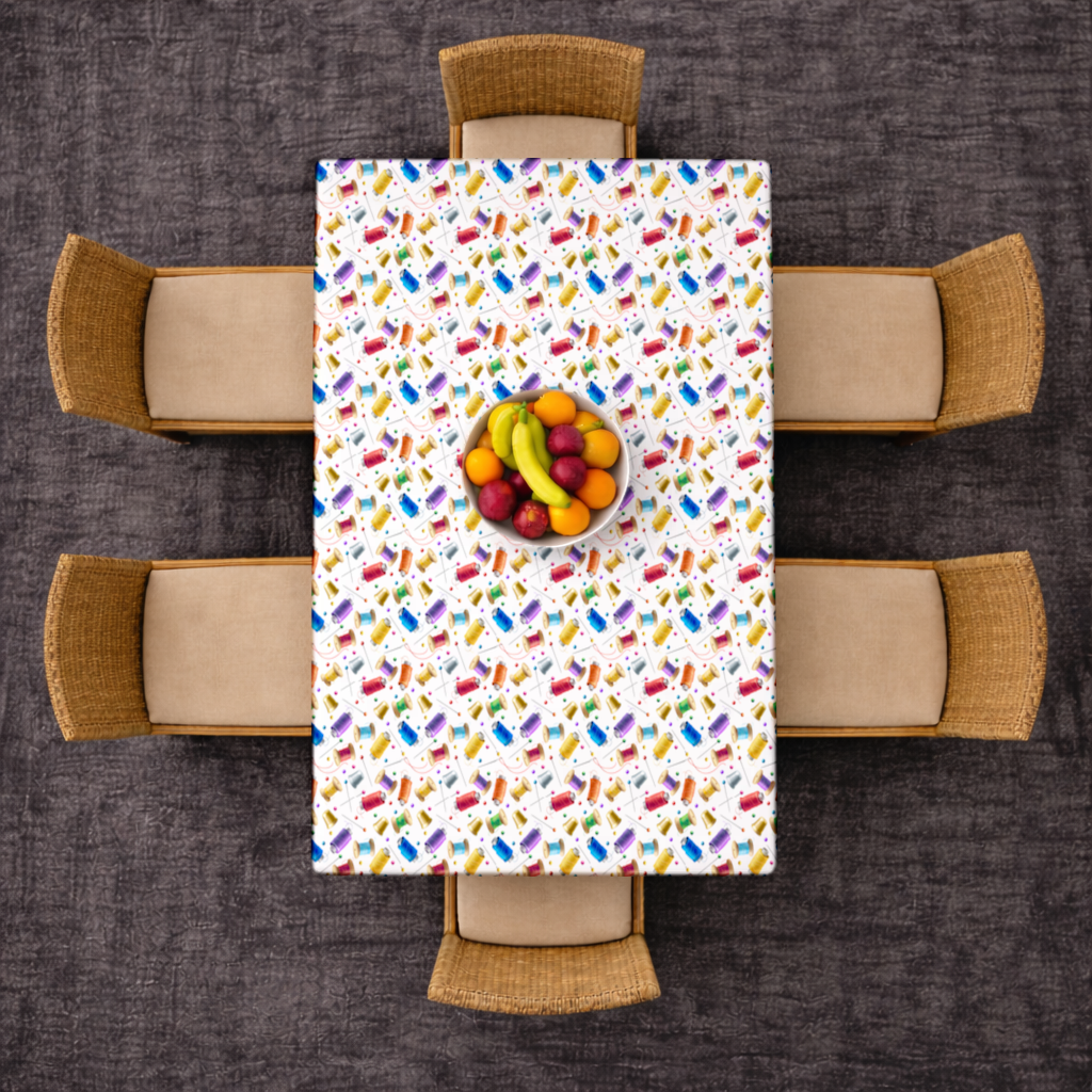 Colorful Thread Spools and Sewing Tools Pattern Rectangular Tablecloth
