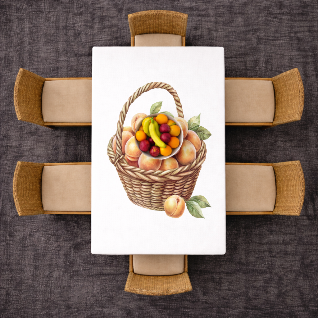 Fresh Peaches in Wicker Basket Rectangular Tablecloth