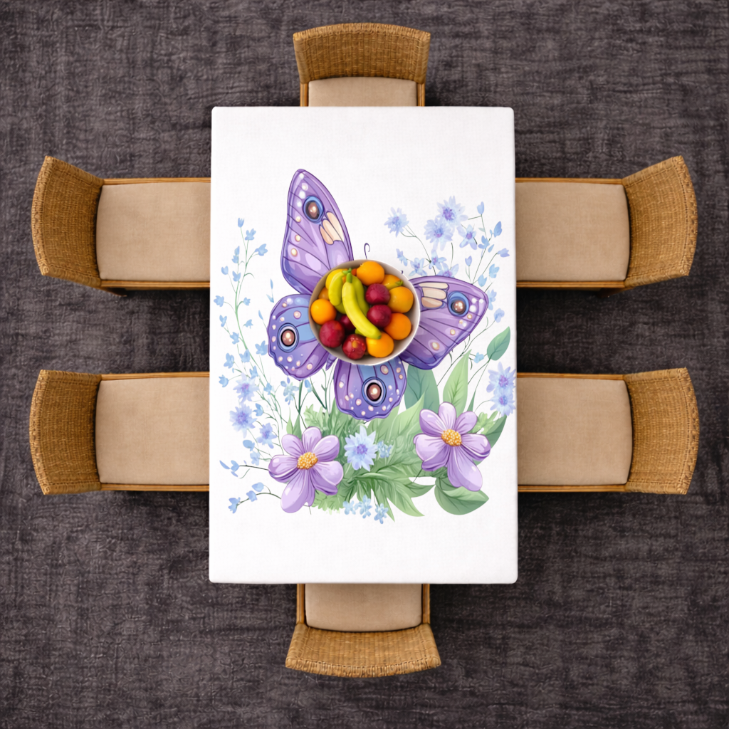 Mor Kelebek ve Mavi Kır Çiçekleri Masa Örtüsü