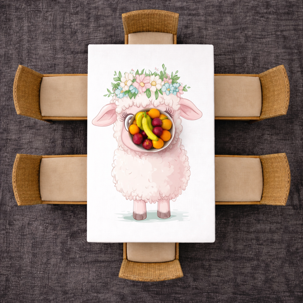 Kawaii Çiçek Taçlı Pembe Kuzu Masa Örtüsü