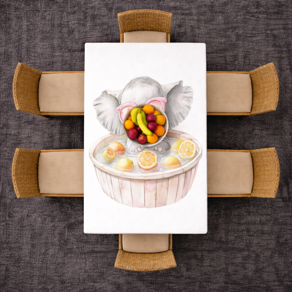 Pembe Gözlüklü Bebek Fil ve Narenciye Banyosu Masa Örtüsü