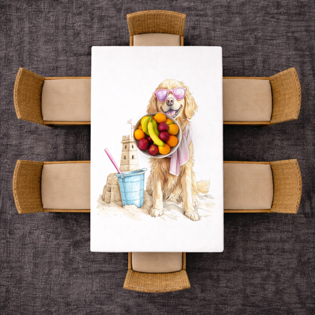 Plajda Pembe Gözlüklü Golden Retriever Masa Örtüsü