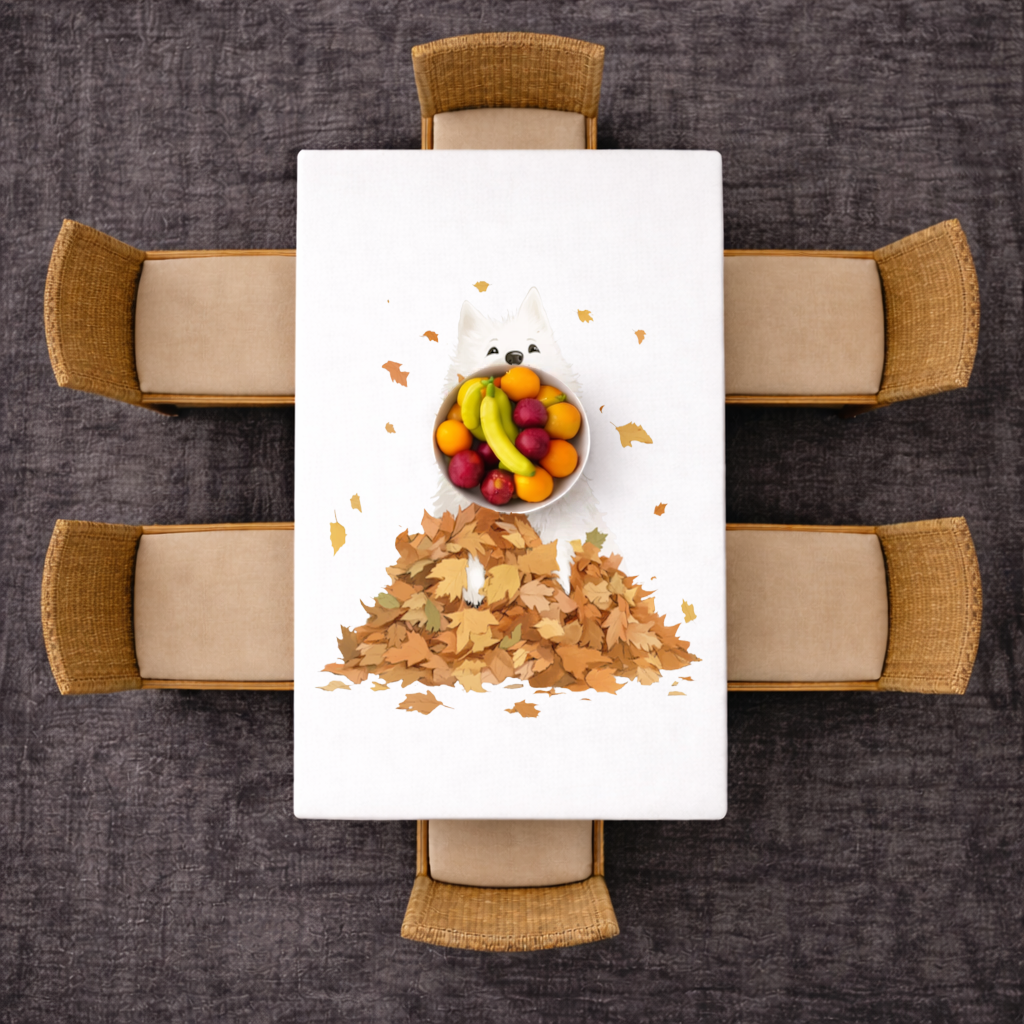 Happy White Dog in Autumn Leaves Rectangular Tablecloth