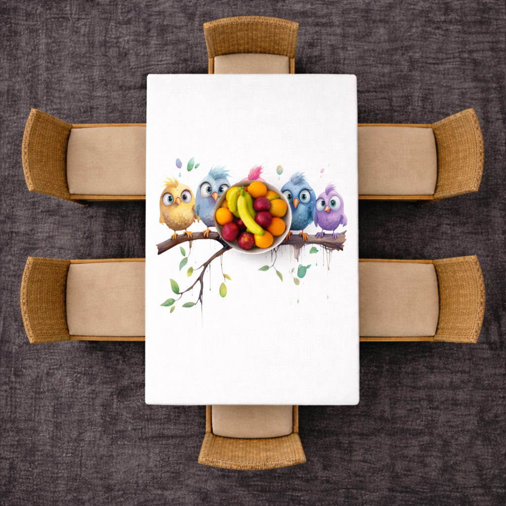 Five Colorful Kawaii Birds on Branch Rectangular Tablecloth