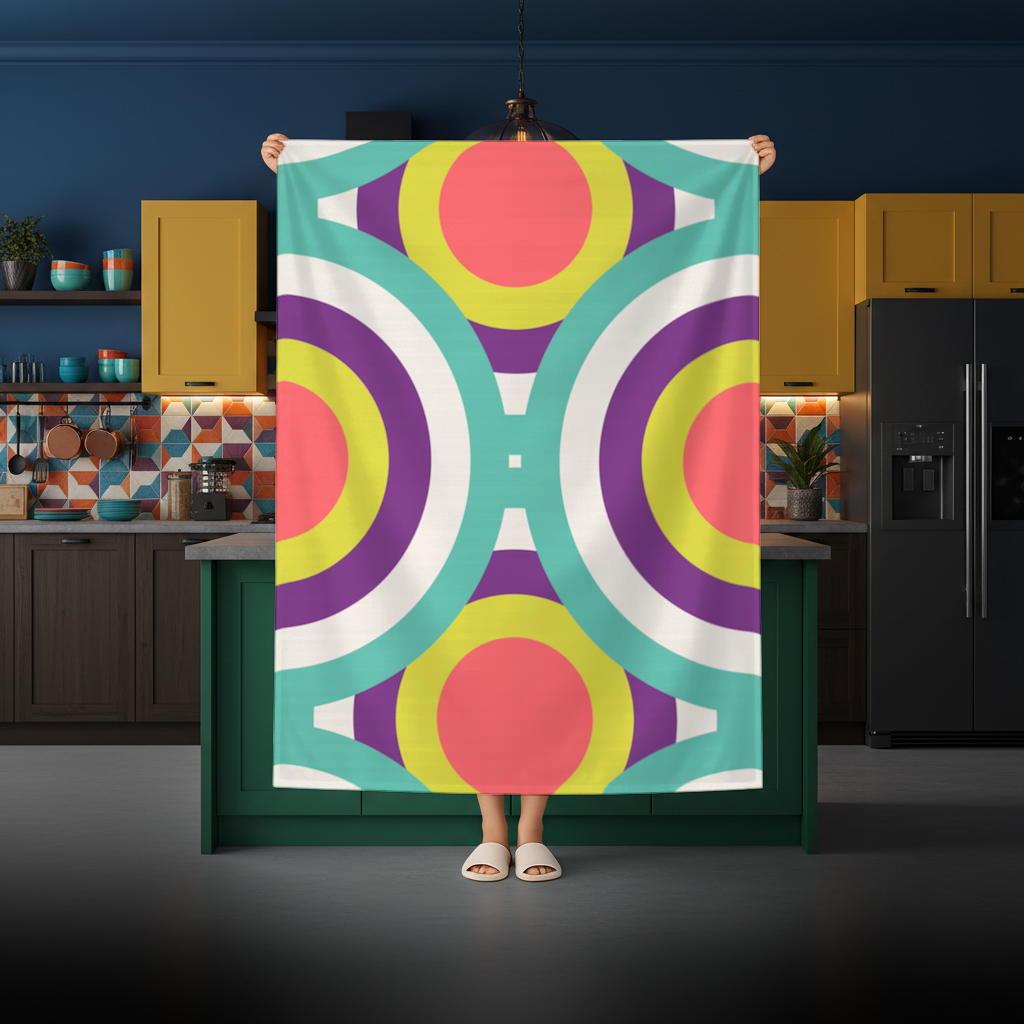 Geometrik Retro Daire Deseni Turkuaz  Mor Masa Örtüsü