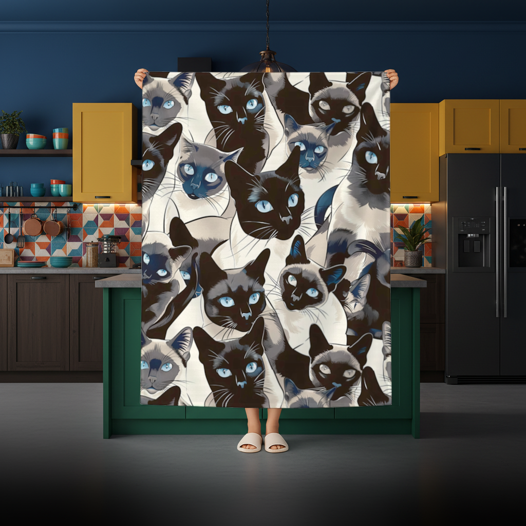Blue Eyed Siamese Cat Elegant Illustration Pattern Rectangular Tablecloth