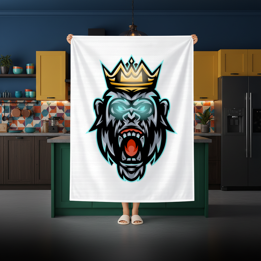 Taçlı Öfkeli Goril Kral Grafiği - Neon Detaylı Maskot Masa Örtüsü