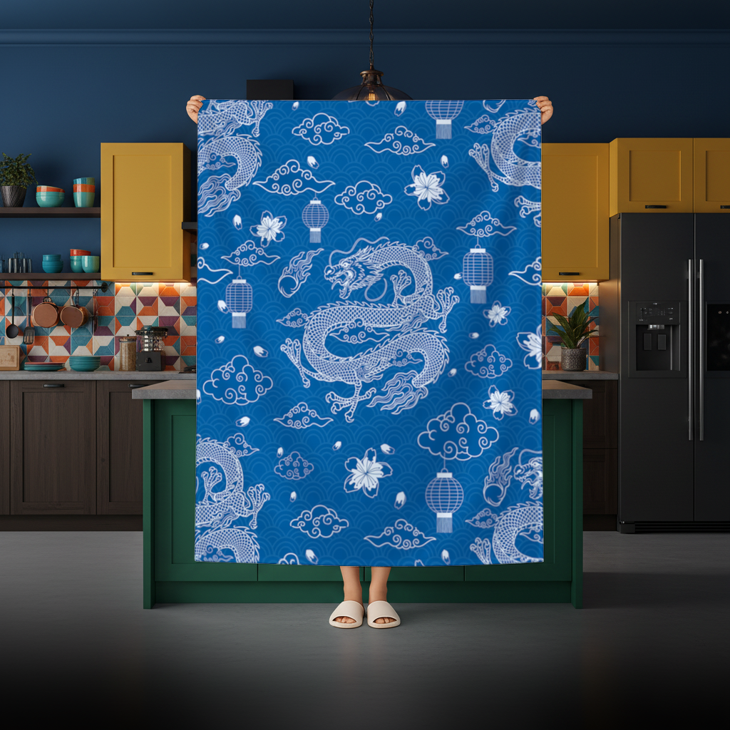 Traditional Dragon Pattern on Blue Background Rectangular Tablecloth