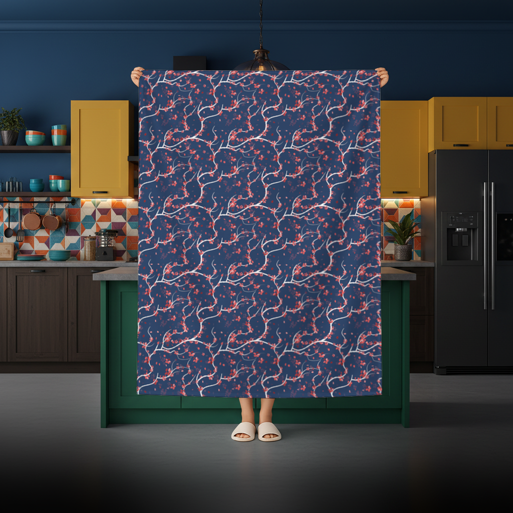 Red Floral Branch Pattern on Navy Background 