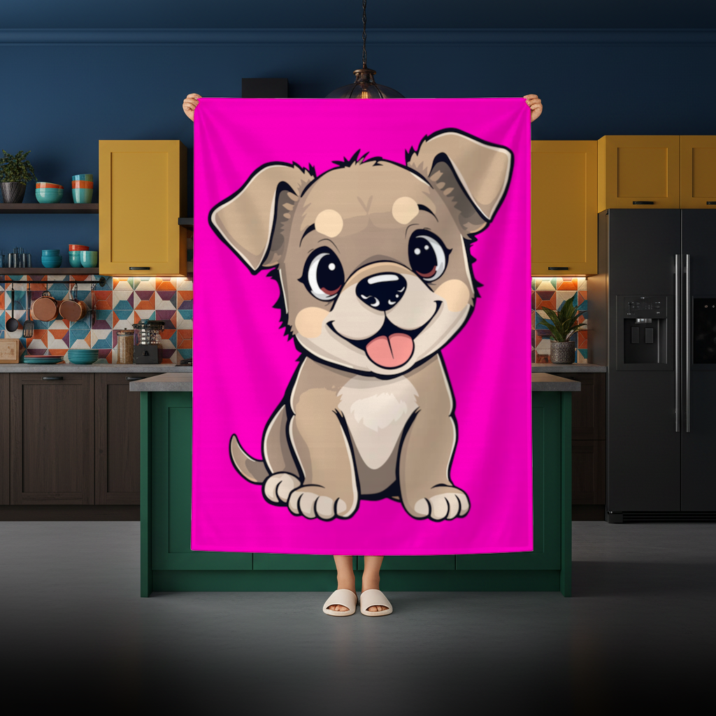 Pembe Arka Planlı Sevimli Köpek Çizimi Masa Örtüsü