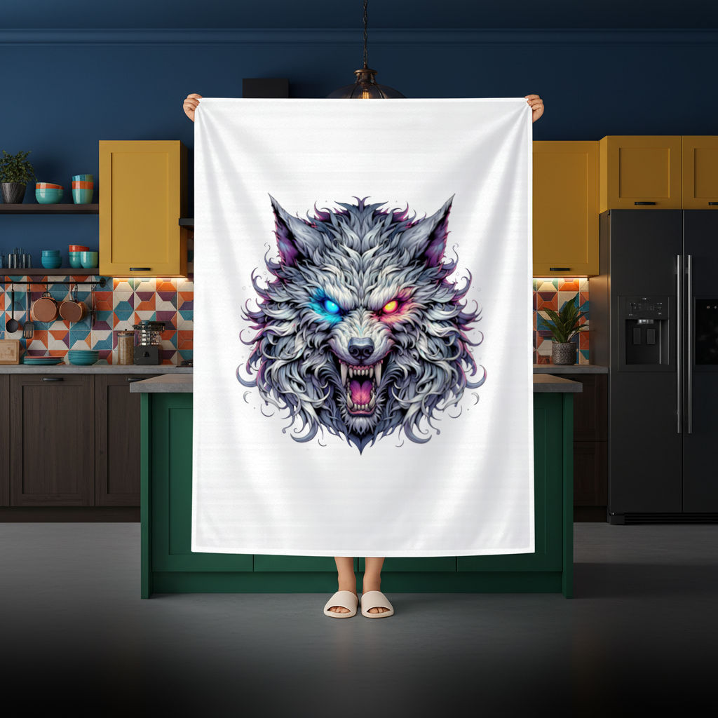Fierce Wolf Head Illustration Heterochromia Eyes, Savage Wolf Rectangular Tablecloth