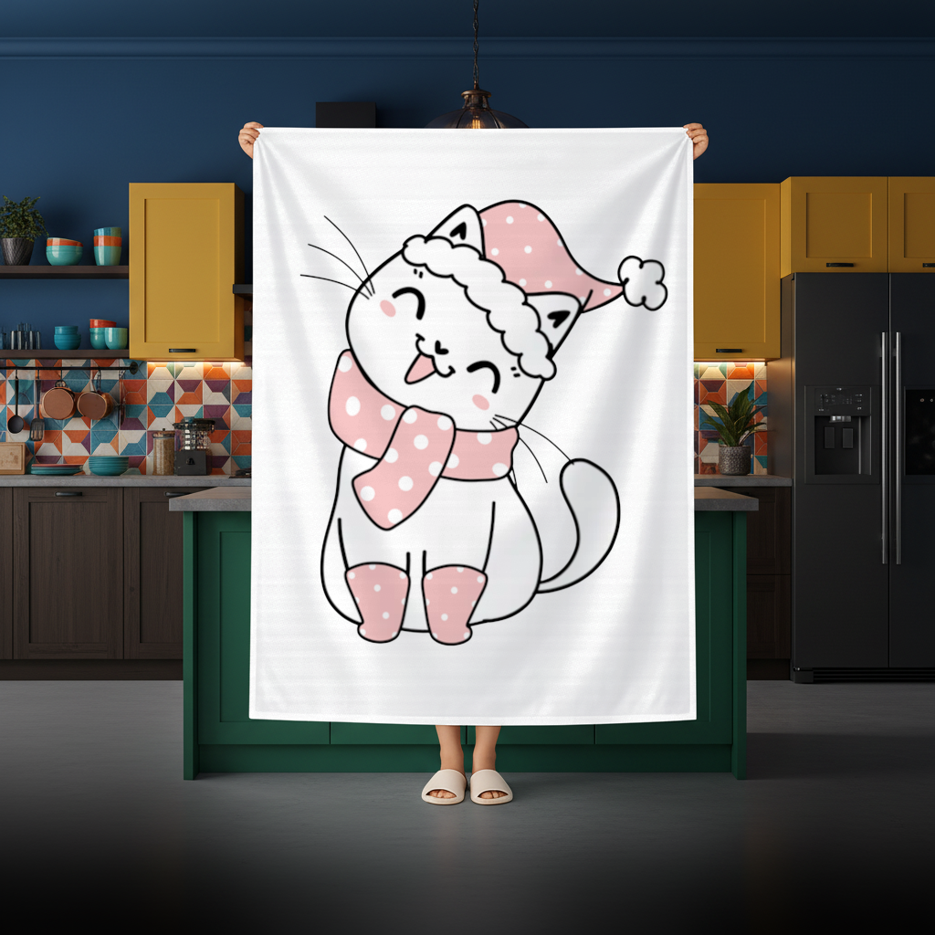 Cute Christmas Cat with Pink Polka Dot Outfit Rectangular Tablecloth