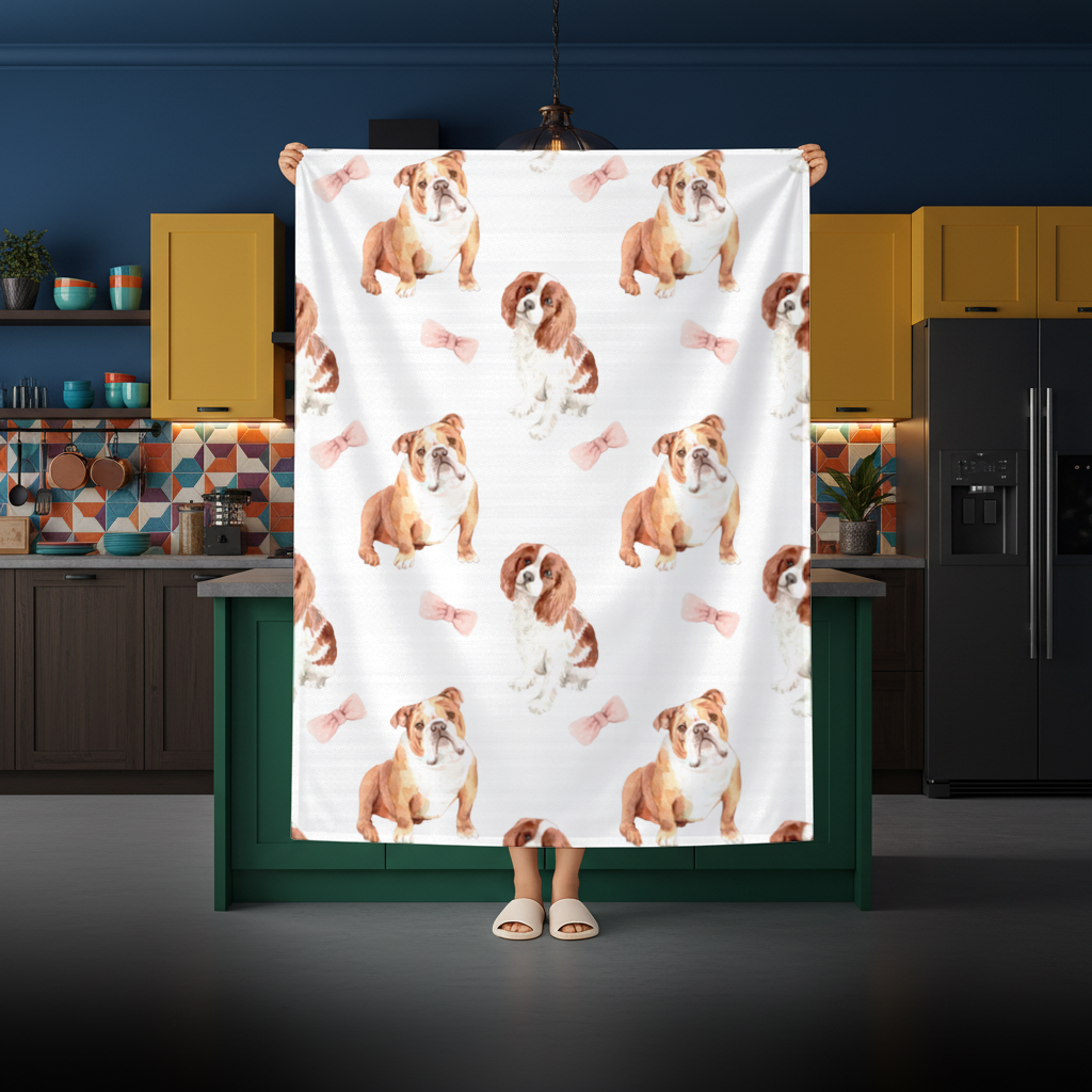 Watercolor English Bulldog and Cavalier Puppy Pattern Rectangular Tablecloth