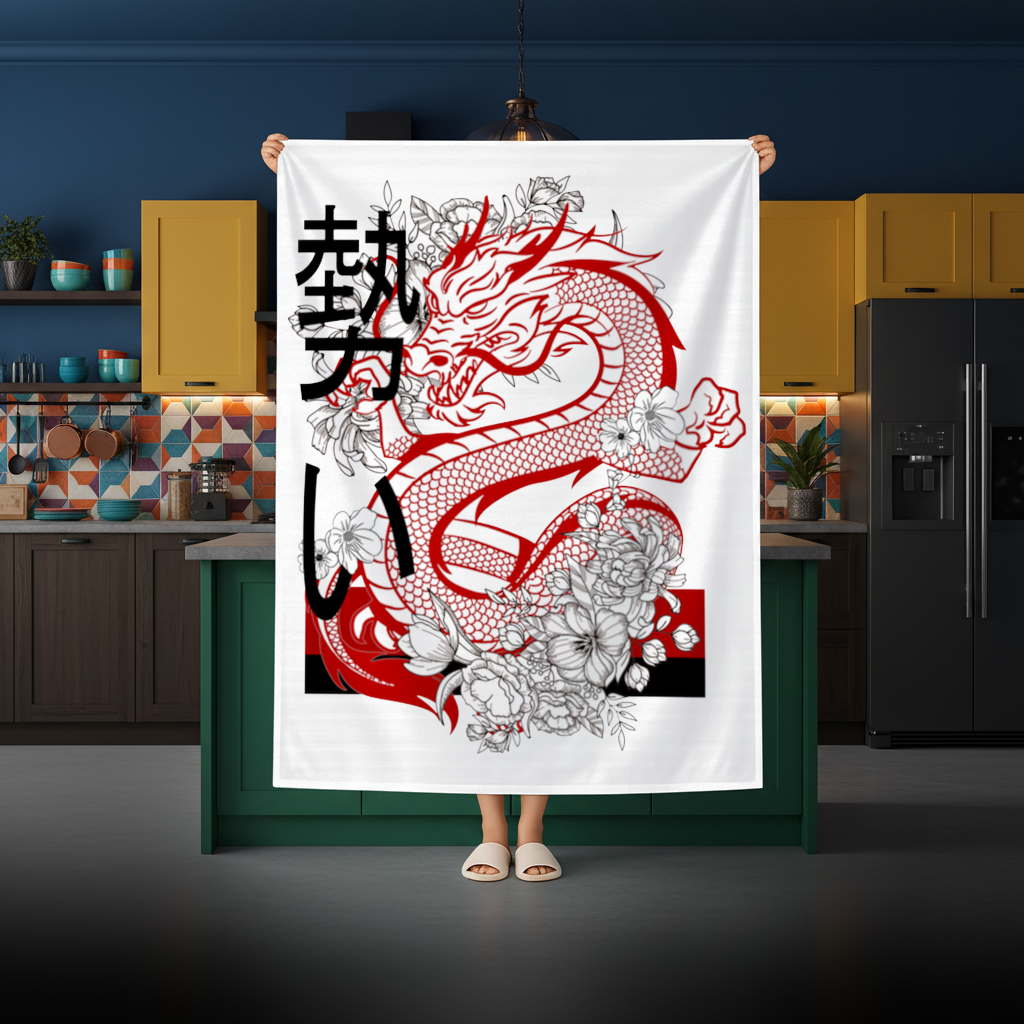 Japanese Dragon with Floral Design Rectangular Tablecloth
