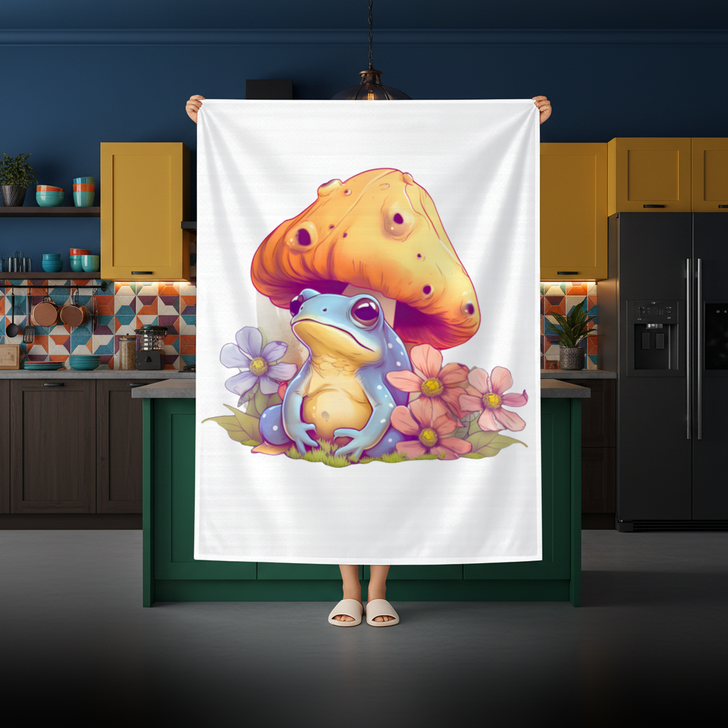 Blue Frog Resting Under Orange Mushroom Rectangular Tablecloth