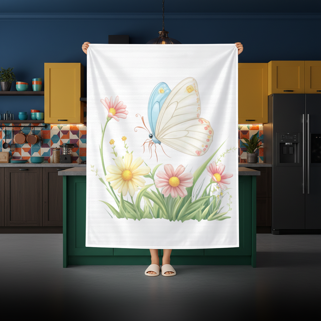 Pastel Kelebek ve Kır Çiçekleri Bahçesi Masa Örtüsü
