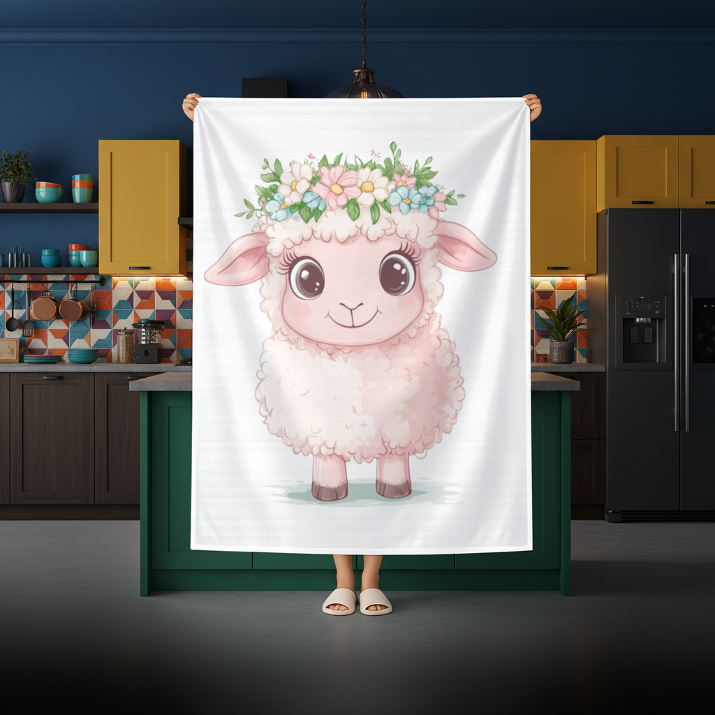 Kawaii Çiçek Taçlı Pembe Kuzu Masa Örtüsü