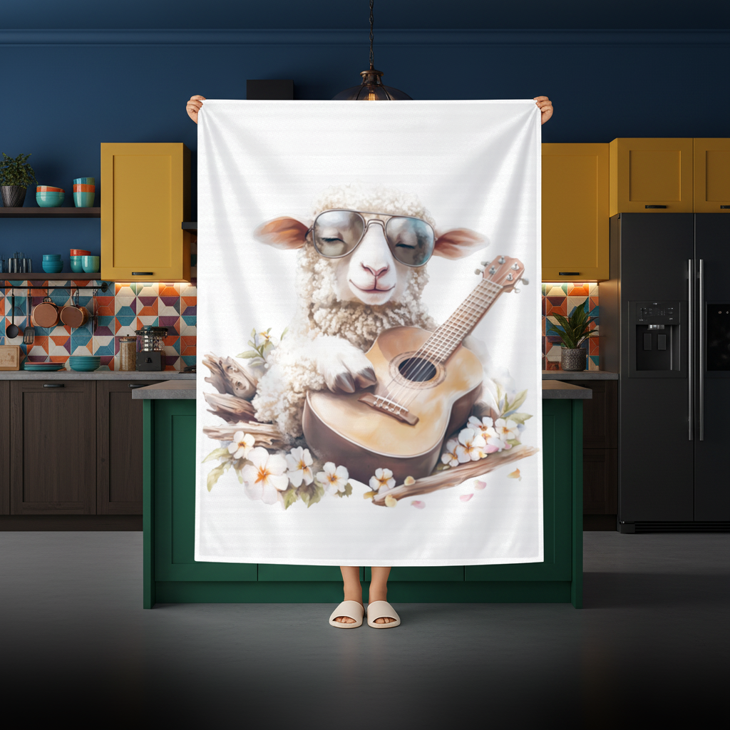 Cool Sheep Playing Ukulele with Flowers Rectangular Tablecloth
